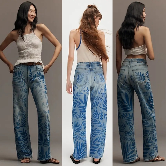 NWT Mother Denim The Lasso Sneak Jeans Pressed Leaves 29 Blue Painted Denim Jean - Picture 7 of 16
